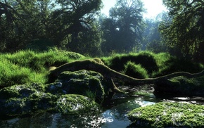 art, river, forest, nature, 3D
