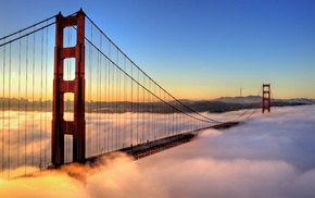 bridge, cities, city, morning, mist
