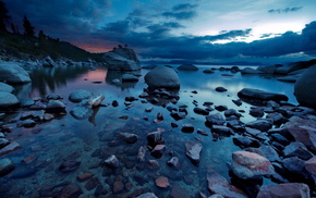stones, landscape, lake, nature, night