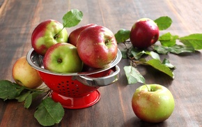 fruits, apples, nature, table, leaves