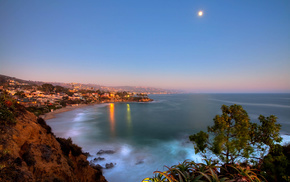 lights, ocean, moon, nature