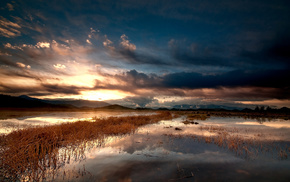 mountain, clouds, sky, lake, nature