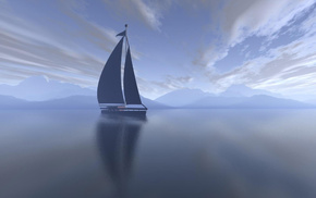 clouds, sea, morning, yacht, 3D