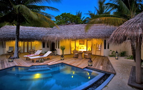 palm trees, candles, swimming pool, lodge