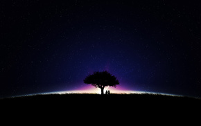 tree, stars, minimalism, night, sky