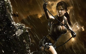 Lara Croft, boobs, rock, rain, anime