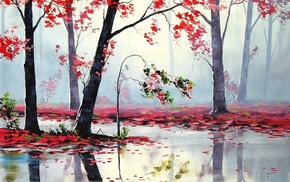 red, trees, reflection, autumn, river