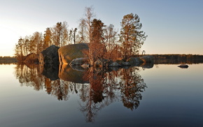 island, autumn, water, trees