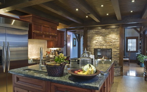 fireplace, kitchen, interior, table