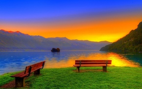 lake, sunset, mountain, nature, grass