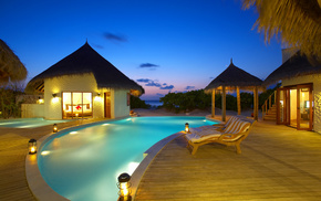 bed, swimming pool, evening