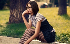 girl, girl outdoors, brunette, model, glasses