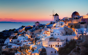 houses, sunset, Greece, cities