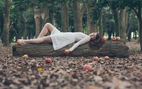 lying down, forest, girl, apples, redhead