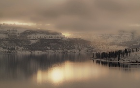 winter, landscape, river, mountain