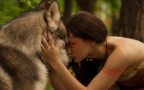 Indian, forest, nature, brunette, girl, wolf