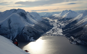 snow, lake, valley, winter, mountain