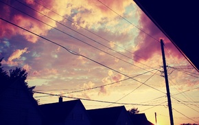 house, clouds, sunset