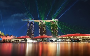 spotlights, building, cityscape, Marina Bay, lasers