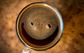 top view, smiling, coffee