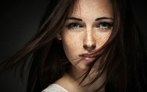 freckles, girl, brunette, eyes, green eyes