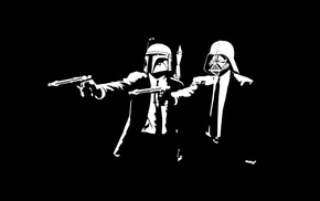 dark, black, Pulp Fiction parody, Darth Vader, gun