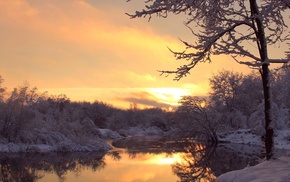 sunset, trees, evening, river, winter