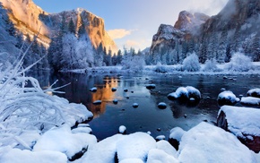 sunset, forest, river, mountain, snow