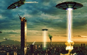 destruction, UFOs, aliens, digital art, fantasy art