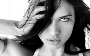 Adriana Lima, blue eyes, face, monochrome, brunette, hands on head