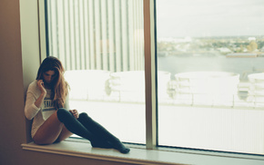 river, brunette, water, girl, window