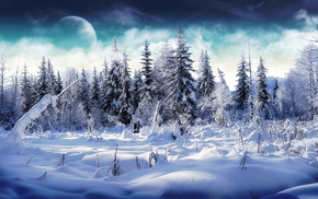 girls, clouds, winter, forest, snow