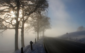 mist, snow, road, winter, Sun
