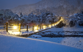 bridge, river, nature, winter, night