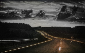 nature, rain, road, clouds, lights