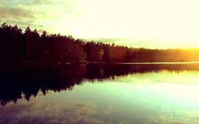 reflection, sunrise, trees, nature, lake