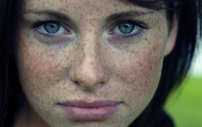 freckles, brunette, face, blue eyes