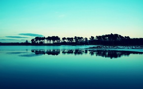 sea, trees, lake, landscape