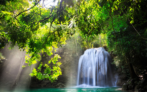 waterfall, trees, nature, Sun