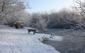ice, snow, river, bench, trees, nature