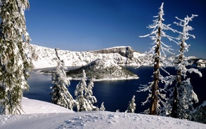 forest, lake, nature, snow, trees