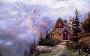 painting, house, stunner, mountain