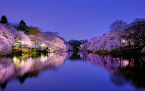 lake, nature, city, Japan, lighting