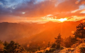 mountain, trees, landscape, sun rays