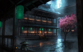 rain, Japan, lantern