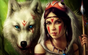 wolf, artwork, Princess Mononoke, girl