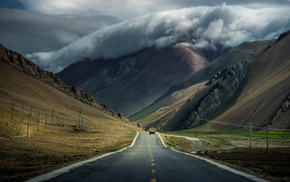 nature, mountain, road, clouds, car