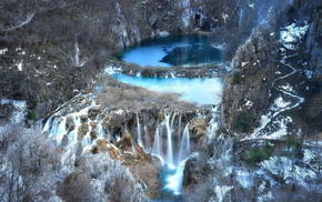 lake, waterfall, mountain, forest, nature