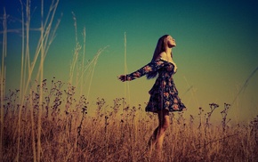 girls, sky, field, girl