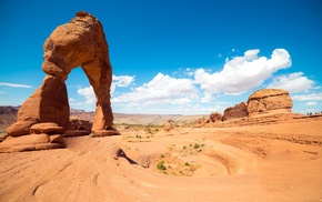 desert, clouds, Arches National Park, rock formation, arch, Utah
